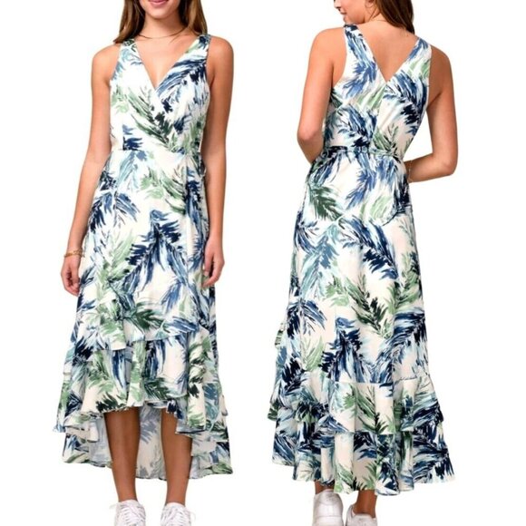 NEW NWT ADELYN RAE Nevina Ruffle Wrap Front Maxi Dress Multi Palm Leaf Tropical - Picture 1 of 16